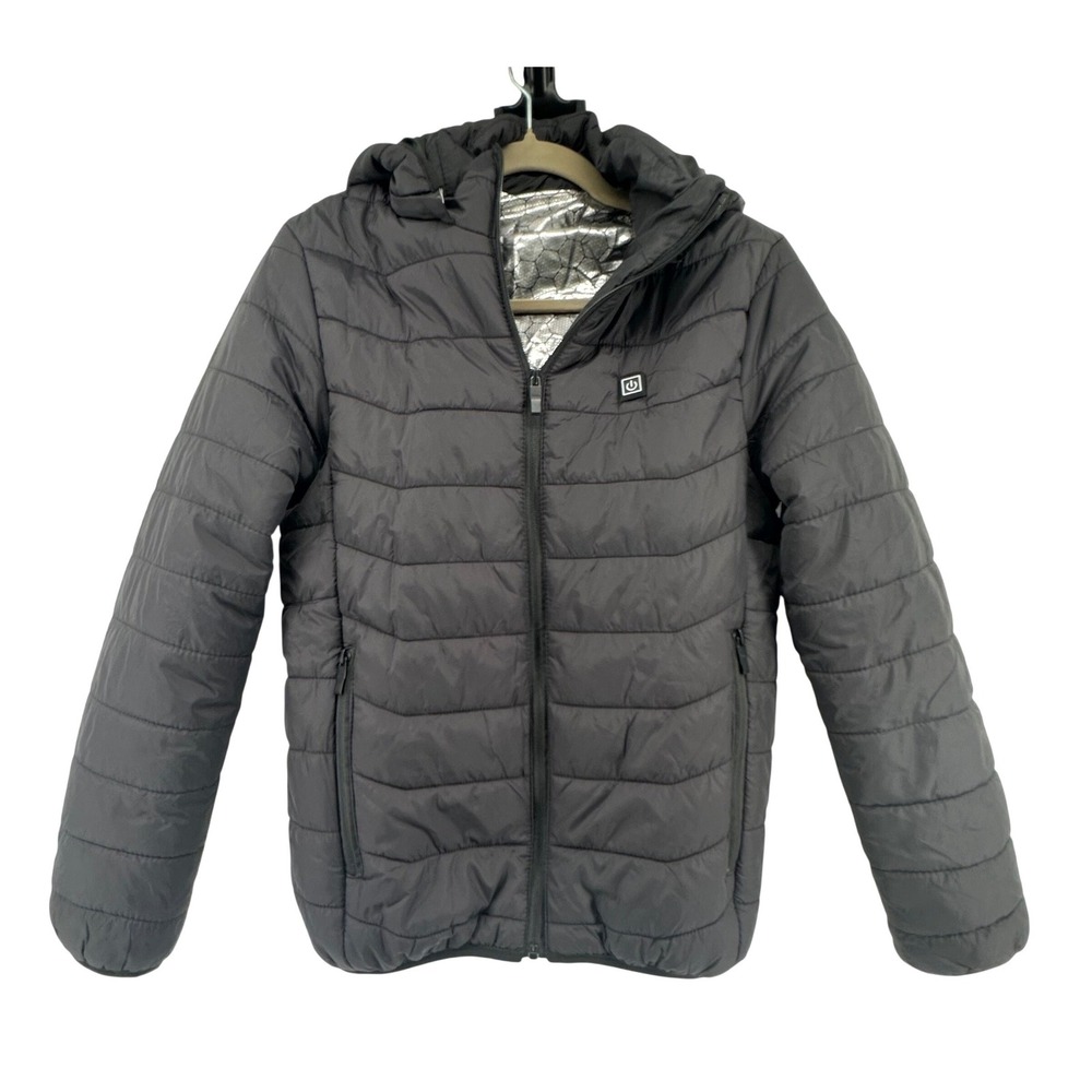 Heated Puffer Jacket Outdoor Camping Ski Women Size S Black USB Thermal Hooded